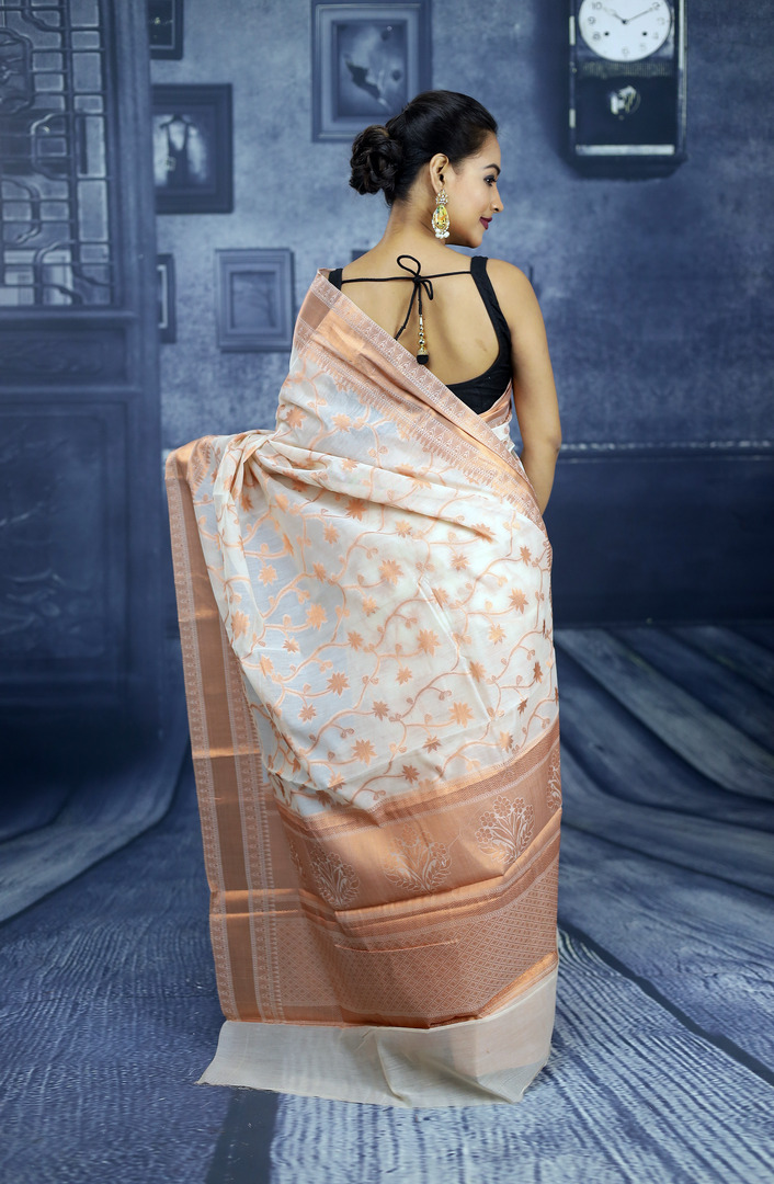 Breathable White and Copper Cotton Saree - Keya Seth Exclusive