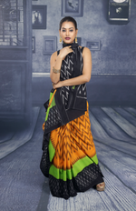 Load image into Gallery viewer, Black, Green and Yellow Cotton Ikkat Saree - Keya Seth Exclusive
