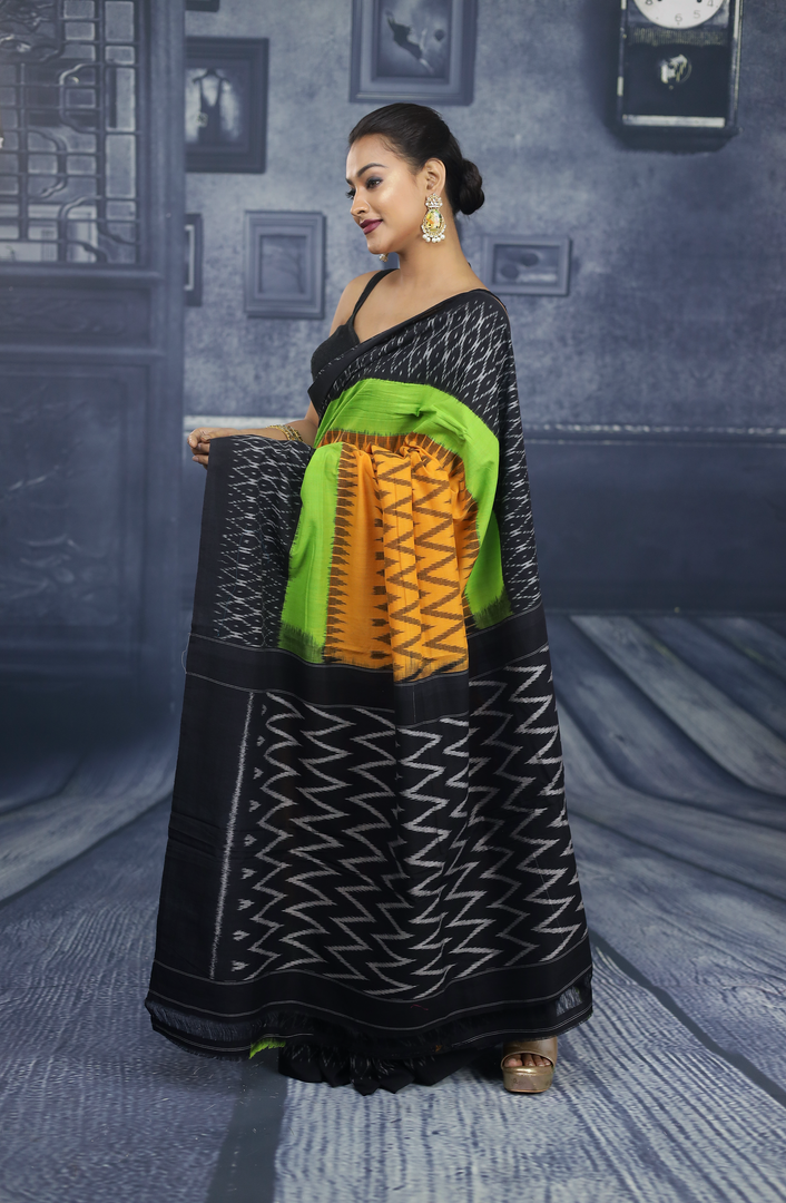 Black, Green and Yellow Cotton Ikkat Saree - Keya Seth Exclusive