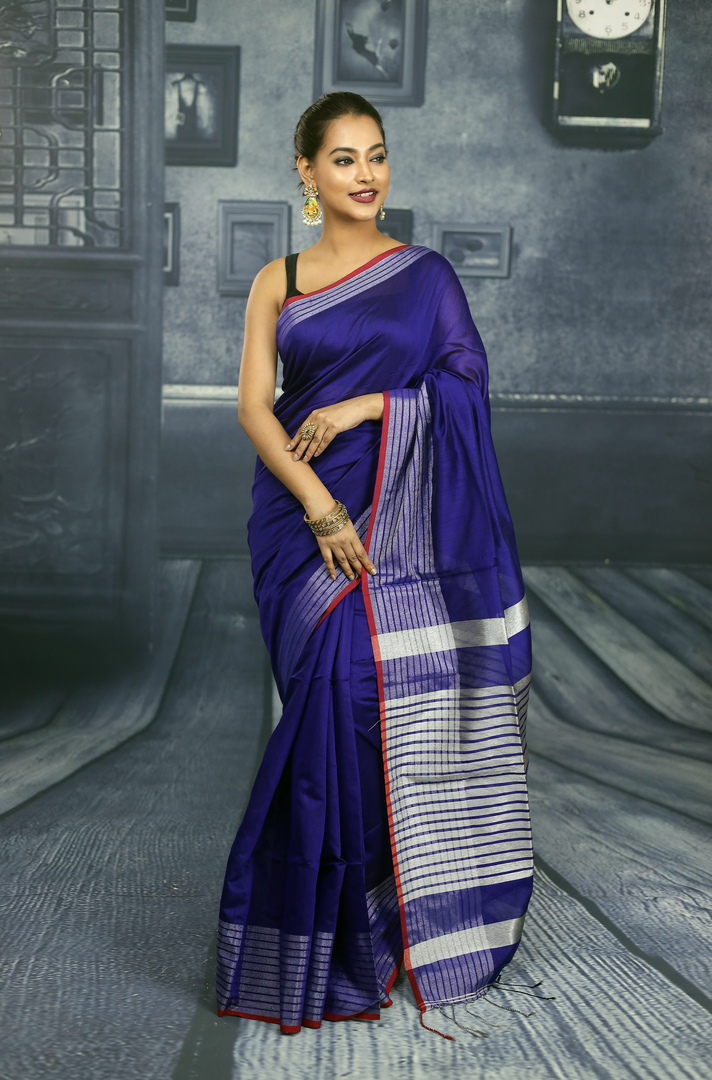Navy Blue with Red Border Linen Handloom Saree - Keya Seth Exclusive