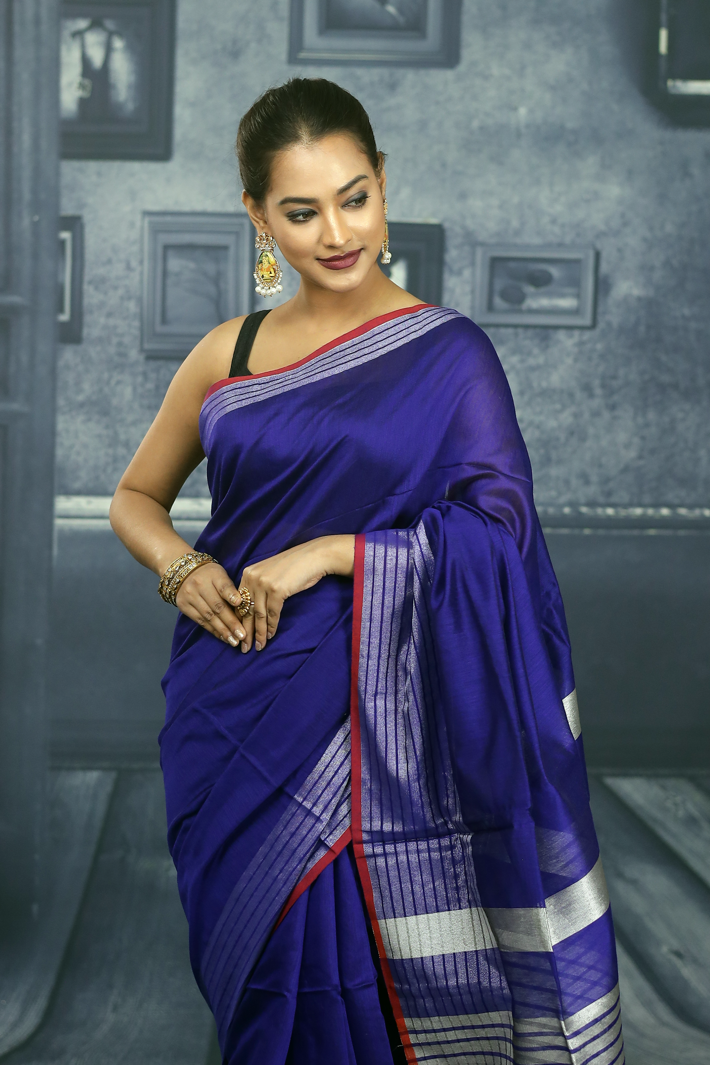 Navy Blue with Red Border Linen Handloom Saree - Keya Seth Exclusive