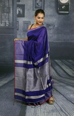 Load image into Gallery viewer, Navy Blue with Red Border Linen Handloom Saree - Keya Seth Exclusive