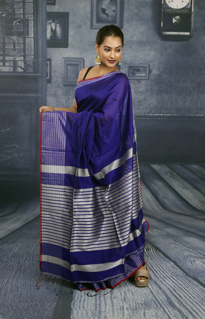 Navy Blue with Red Border Linen Handloom Saree - Keya Seth Exclusive