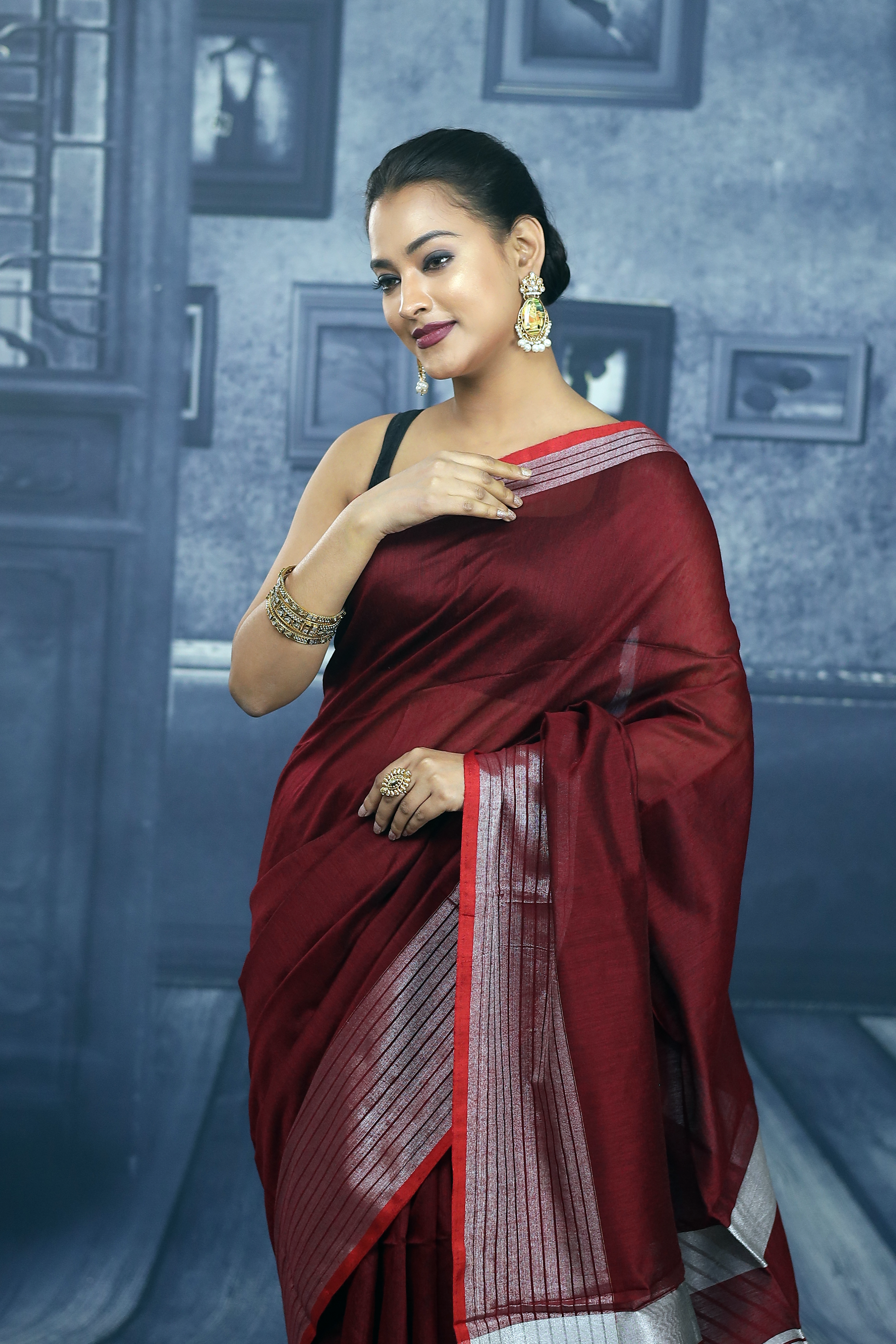 Maroon with Red Border Linen Handloom Saree - Keya Seth Exclusive