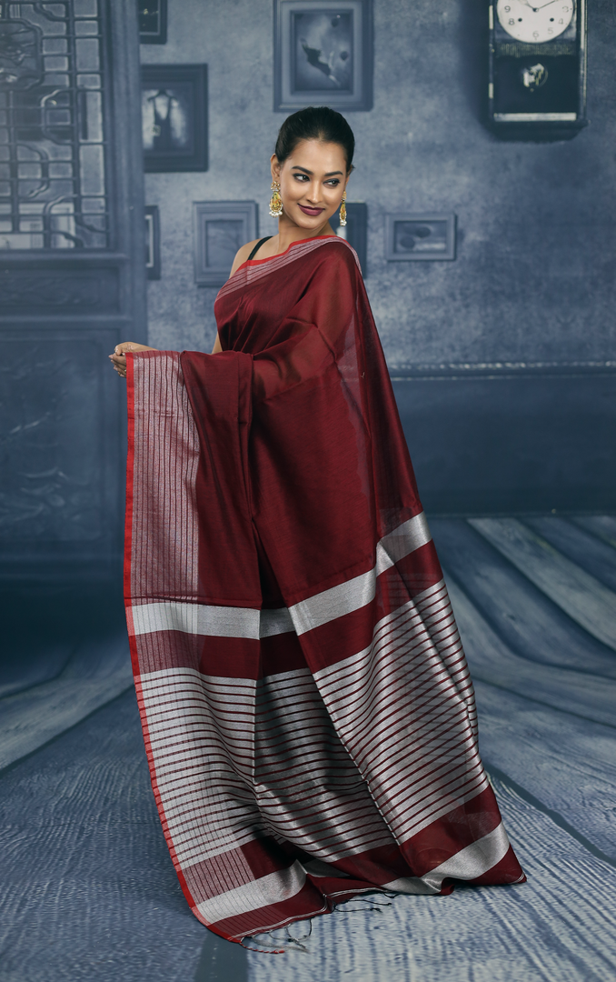 Maroon with Red Border Linen Handloom Saree - Keya Seth Exclusive