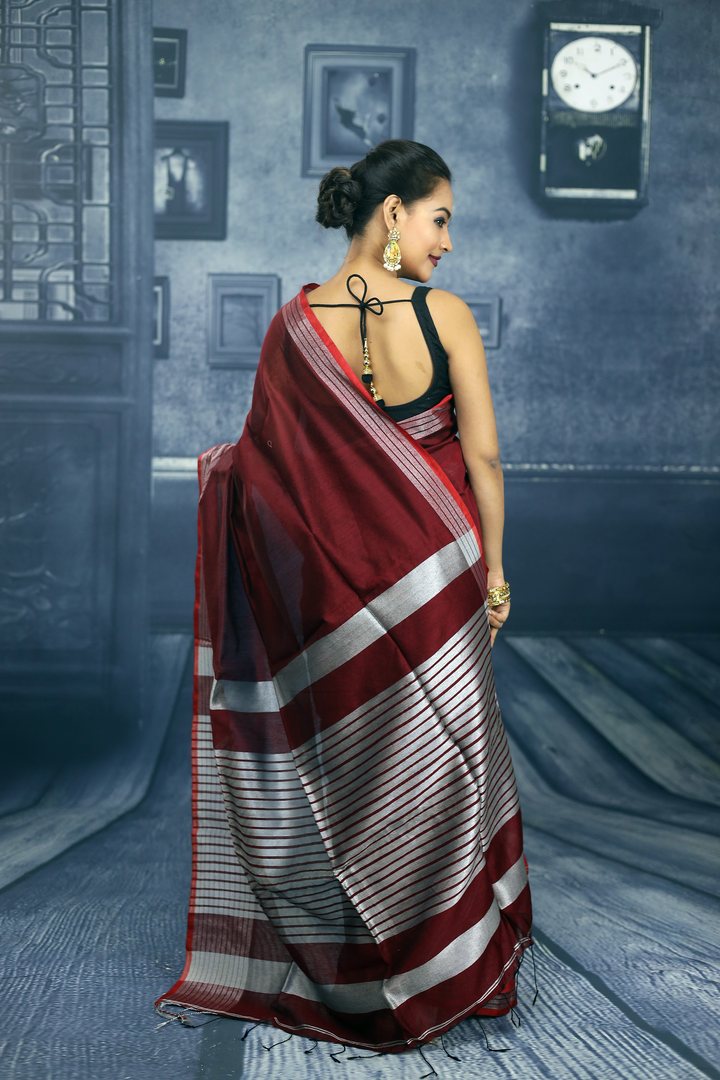 Maroon with Red Border Linen Handloom Saree - Keya Seth Exclusive