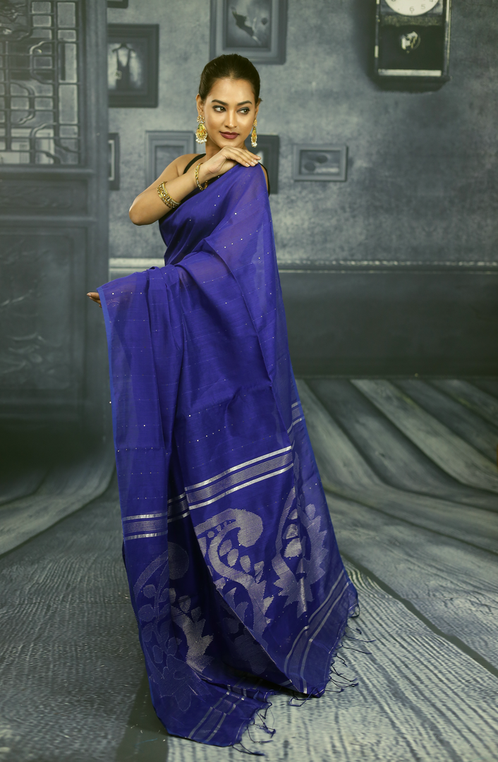 Navy blue Linen Handloom Saree - Keya Seth Exclusive