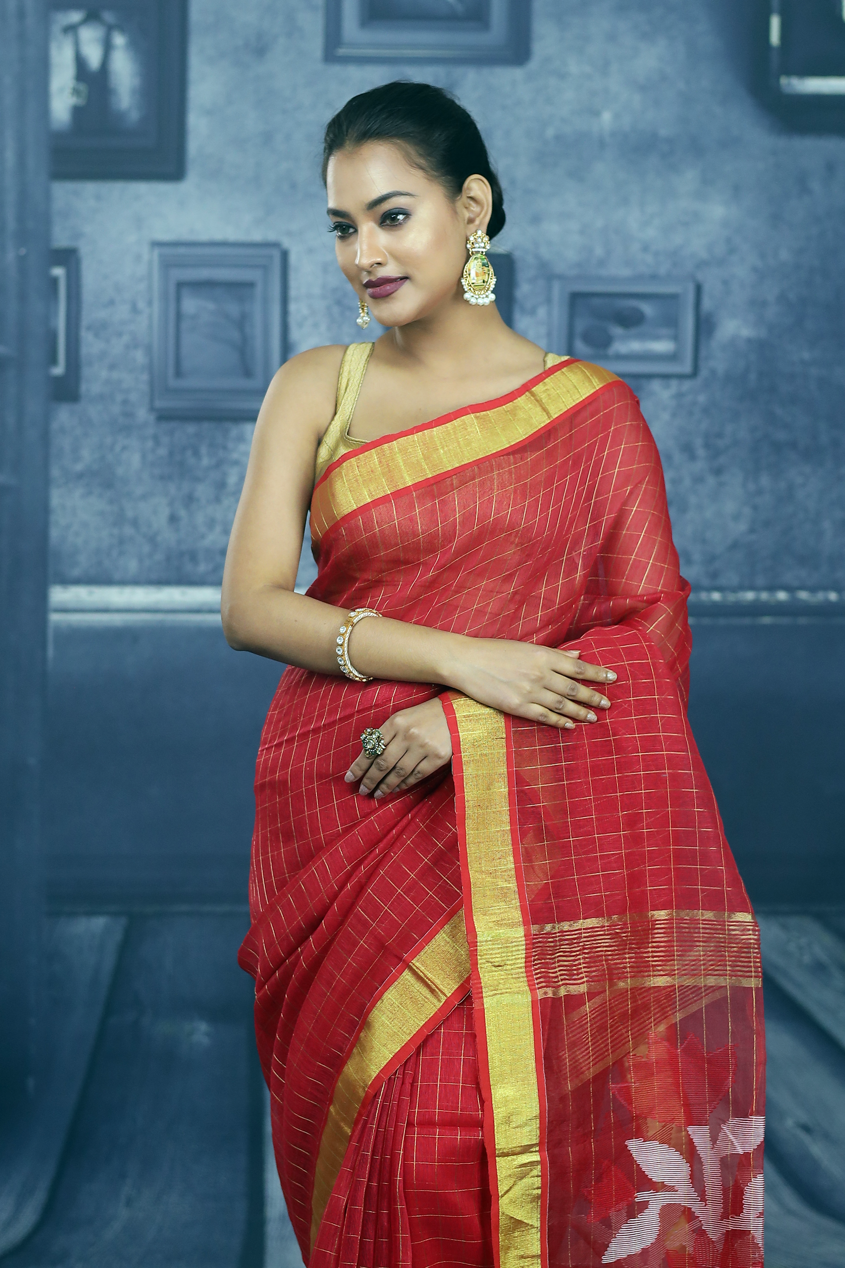 Red Checker Linen Handloom Saree - Keya Seth Exclusive