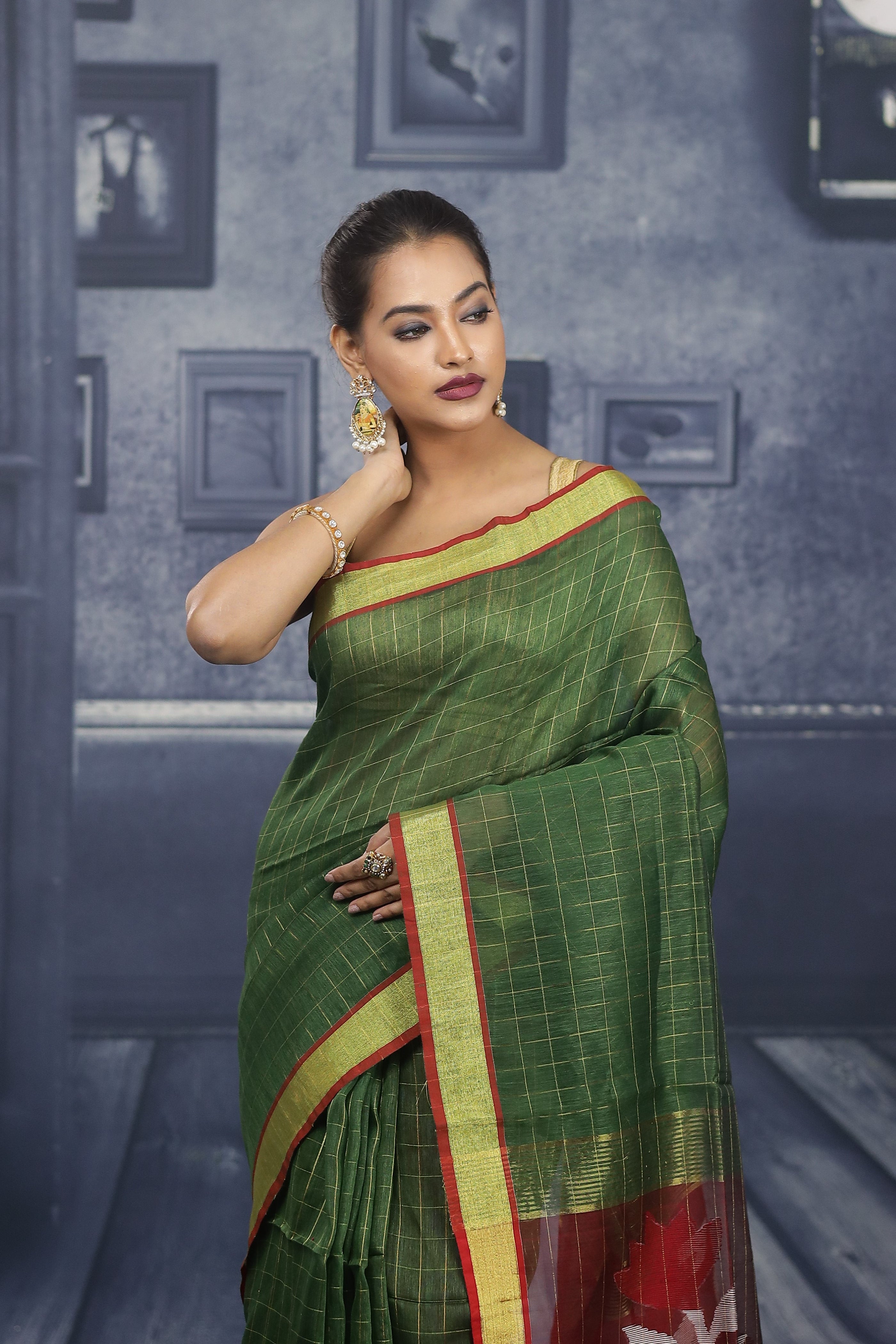 Deep Green Checker Linen Handloom Saree - Keya Seth Exclusive