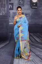 Load image into Gallery viewer, Sky Blue with Red Linen Handloom Saree - Keya Seth Exclusive
