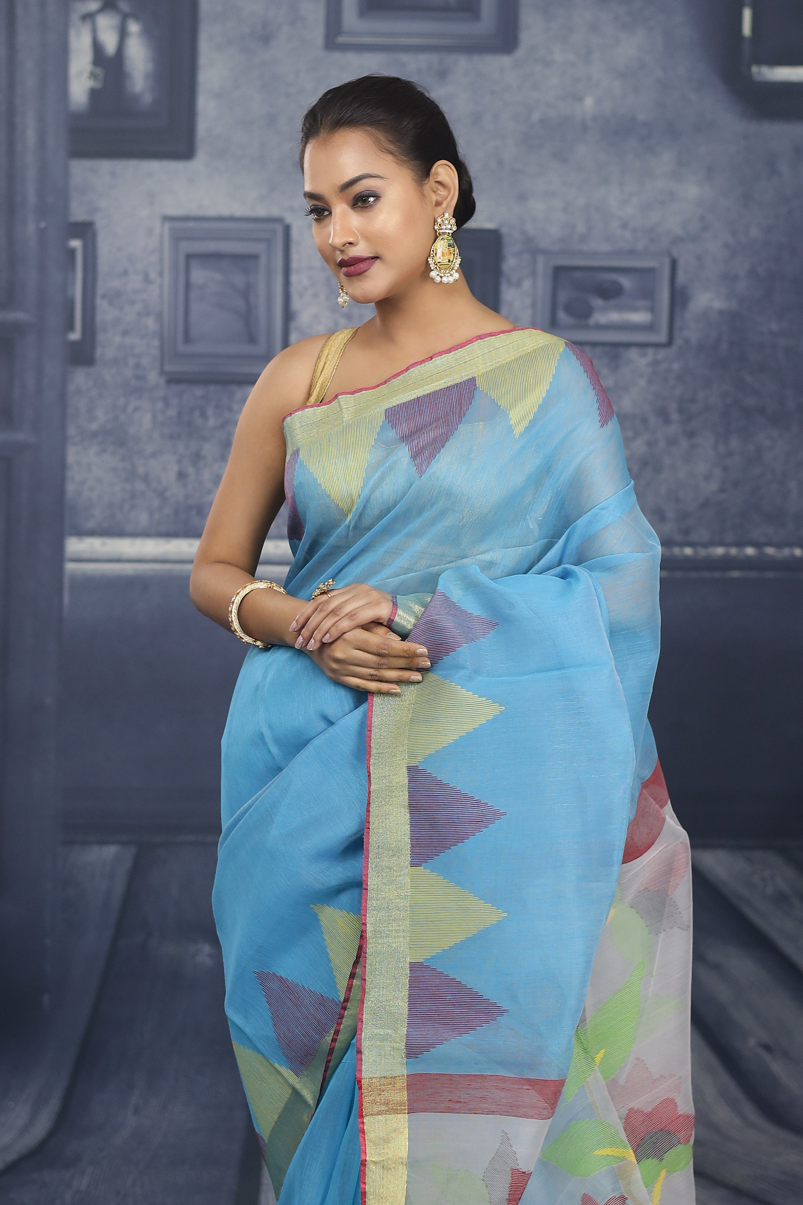 Sky Blue with Red Linen Handloom Saree - Keya Seth Exclusive