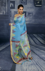 Load image into Gallery viewer, Sky Blue with Red Linen Handloom Saree - Keya Seth Exclusive
