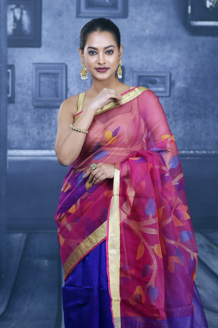 Pink and Purple Half and Half Handloom Saree - Keya Seth Exclusive