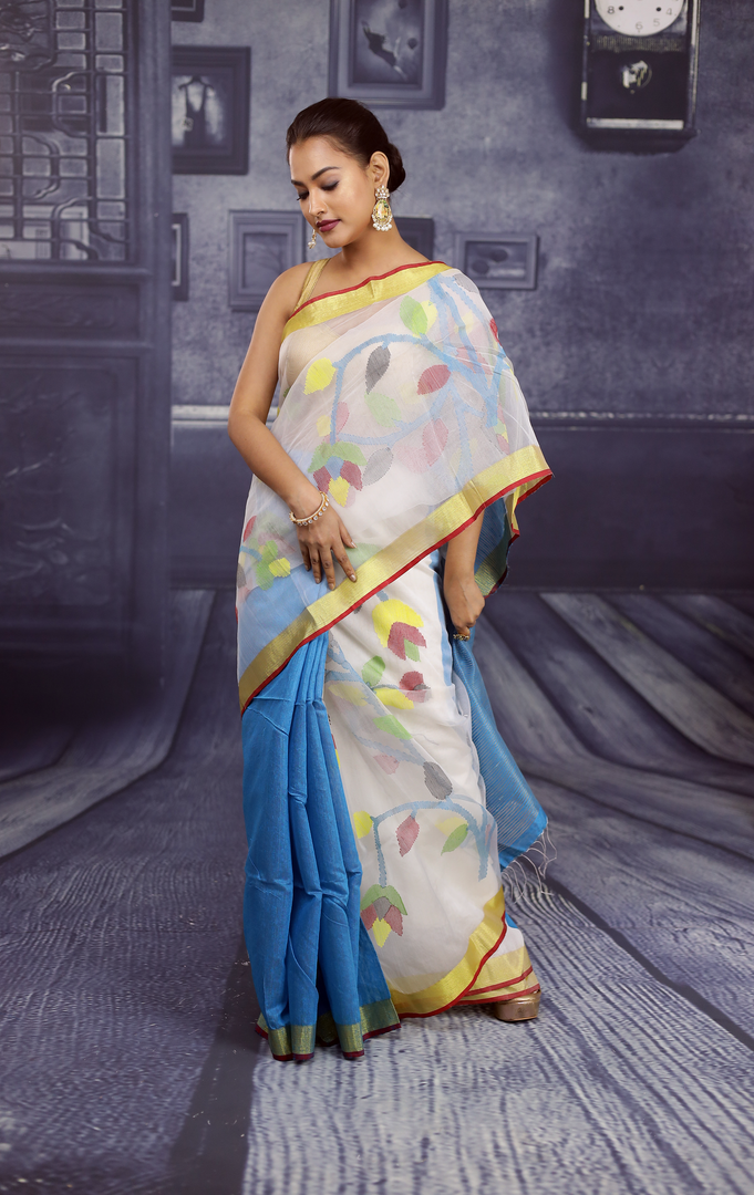 Sky Blue and White Handloom Saree - Keya Seth Exclusive