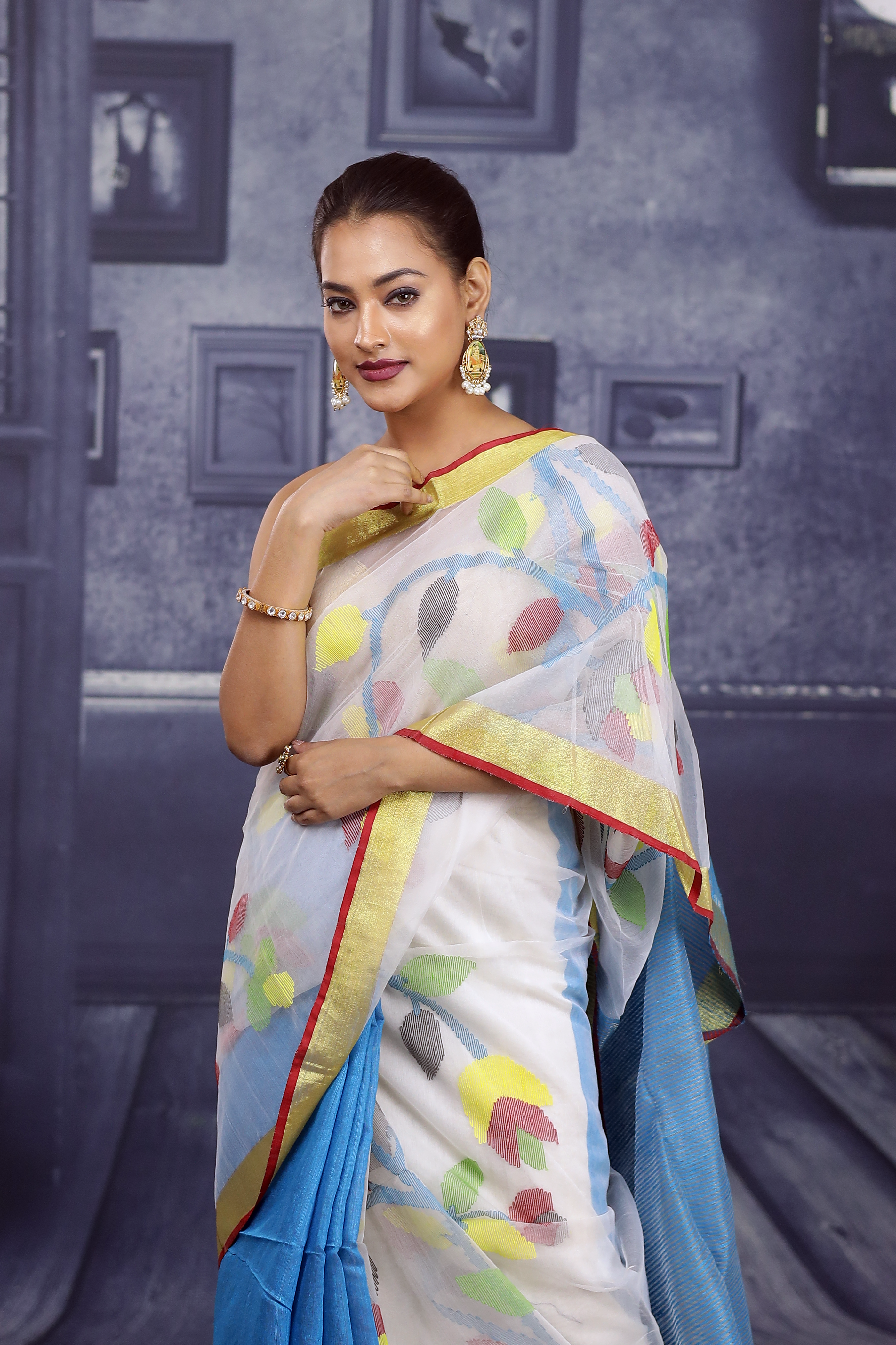 Sky Blue and White Handloom Saree - Keya Seth Exclusive