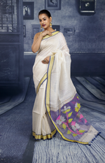 Load image into Gallery viewer, Off-white Checker Linen Handloom Saree - Keya Seth Exclusive