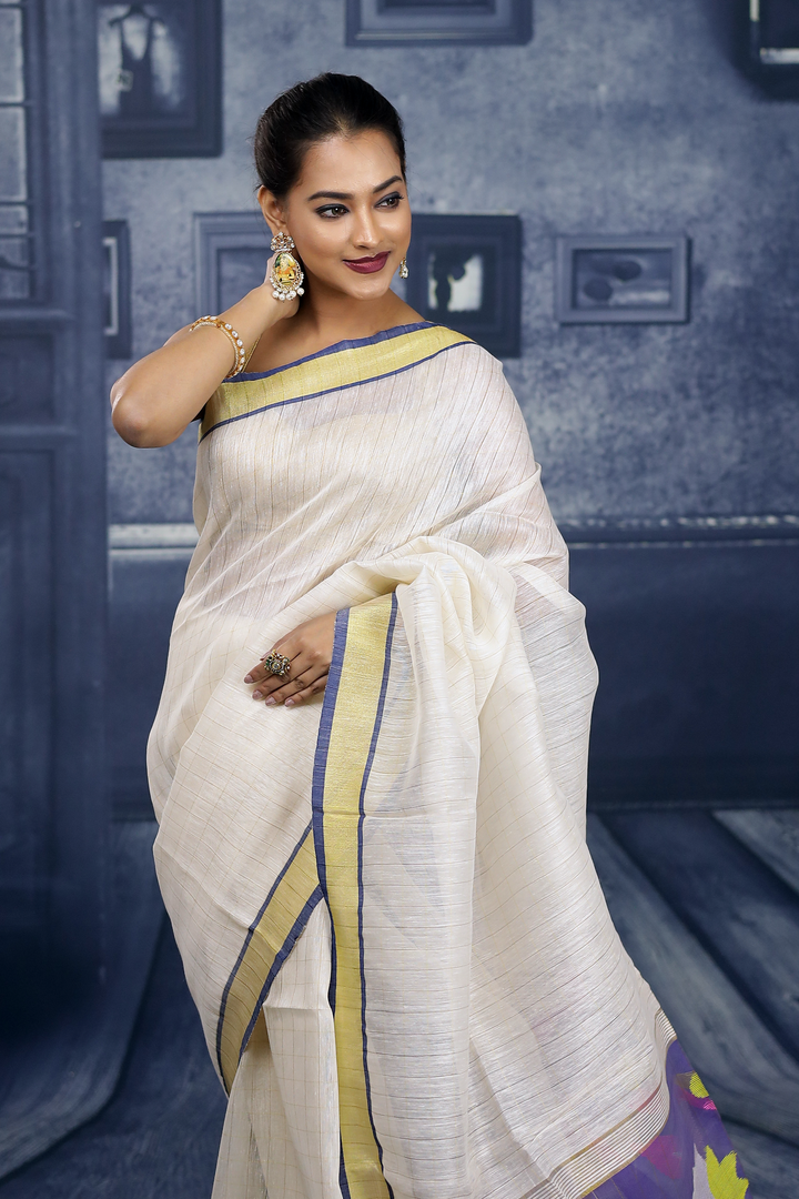 Off-white Checker Linen Handloom Saree - Keya Seth Exclusive