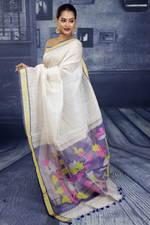 Load image into Gallery viewer, Off-white Checker Linen Handloom Saree - Keya Seth Exclusive
