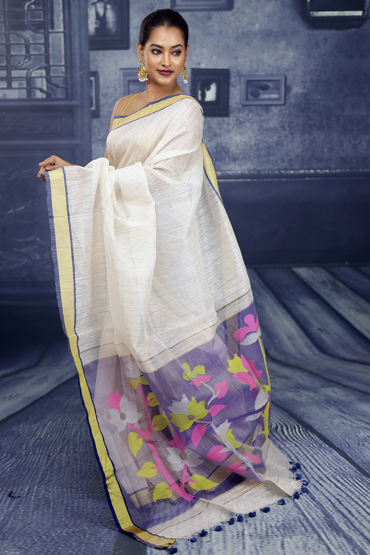 Off-white Checker Linen Handloom Saree - Keya Seth Exclusive