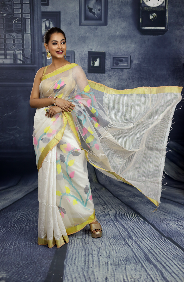 White yellow bengal handloom cotton blend saree – GoCoop