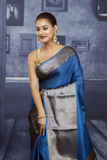 Load image into Gallery viewer, Blue Mahapar Chanderi Saree - Keya Seth Exclusive