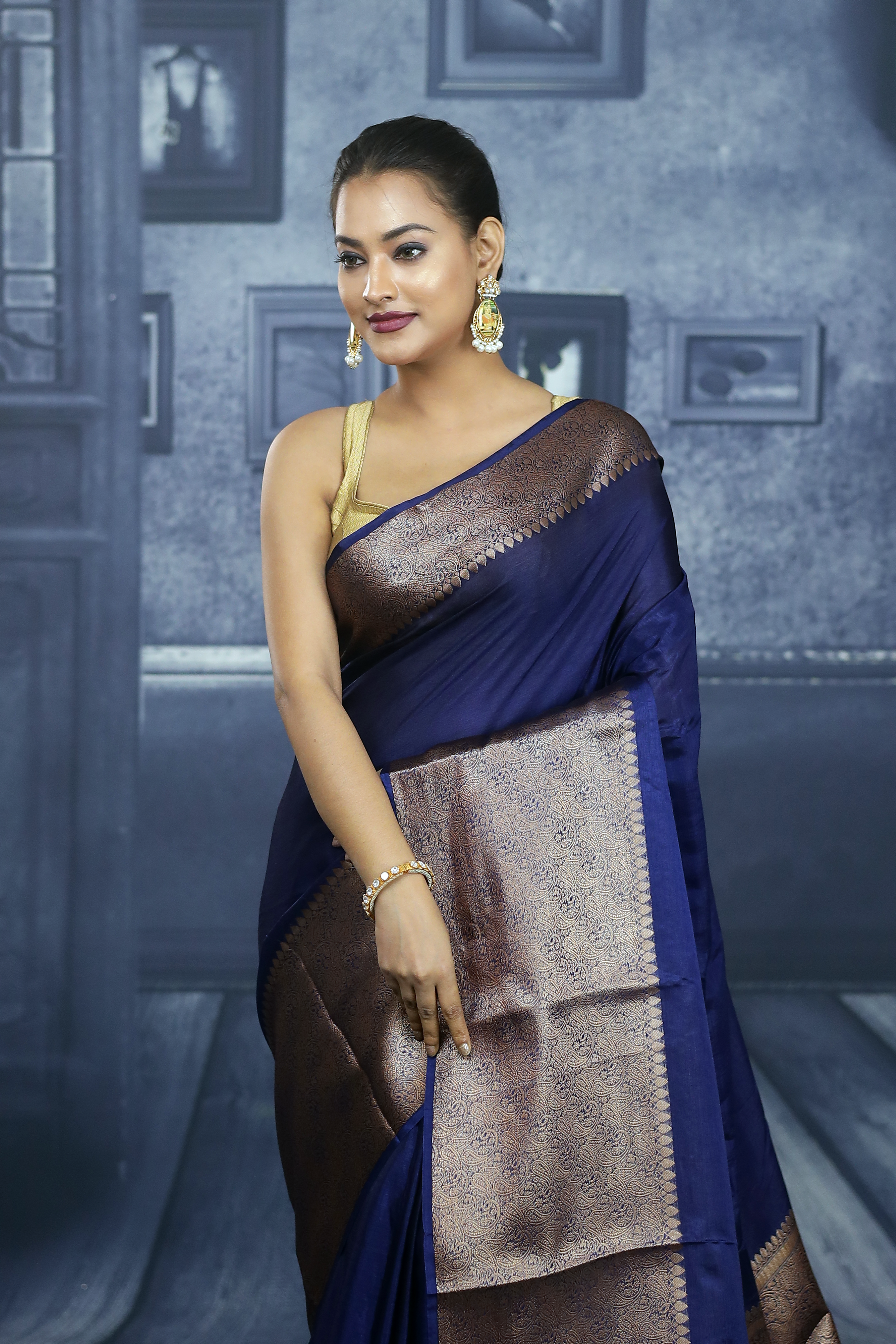 Navy Blue Mahapar Chanderi Saree - Keya Seth Exclusive