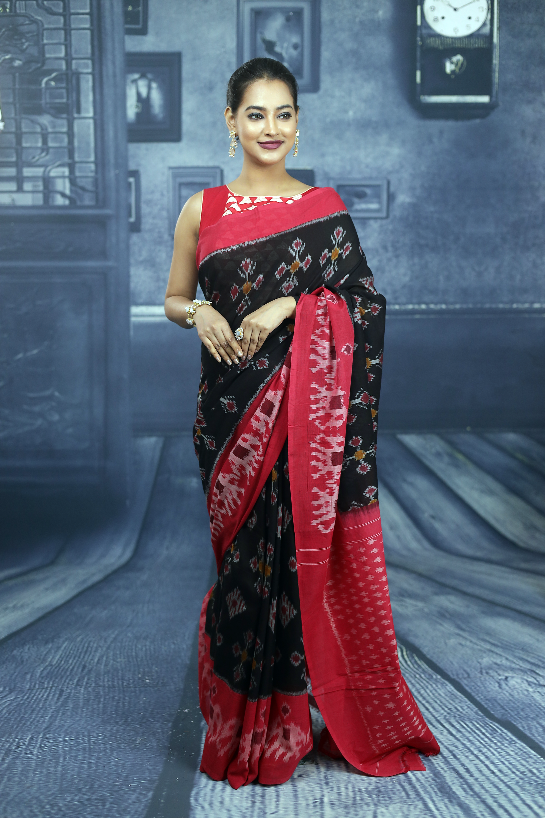 Red and Black Cotton Ikkat Saree - Keya Seth Exclusive