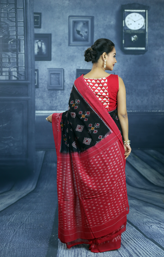 Red and Black Cotton Ikkat Saree - Keya Seth Exclusive