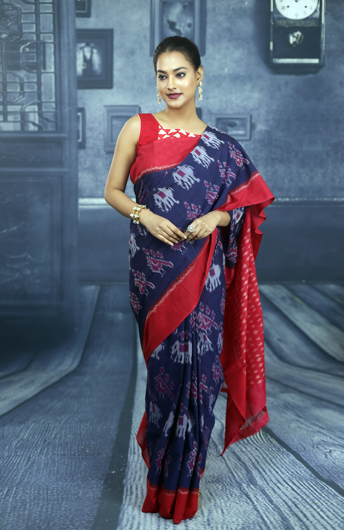 Blue and Red Cotton Ikkat Saree - Keya Seth Exclusive