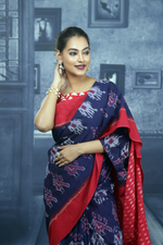 Load image into Gallery viewer, Blue and Red Cotton Ikkat Saree - Keya Seth Exclusive