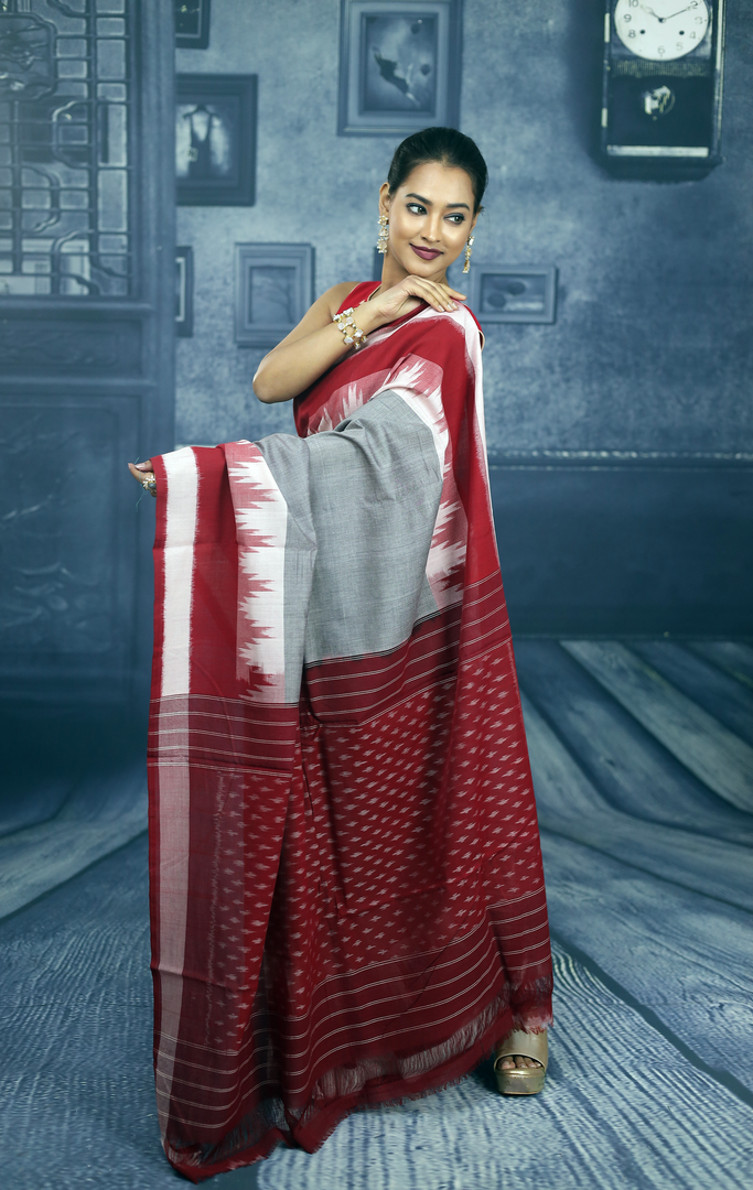Grey and Red Cotton Ikkat Saree - Keya Seth Exclusive