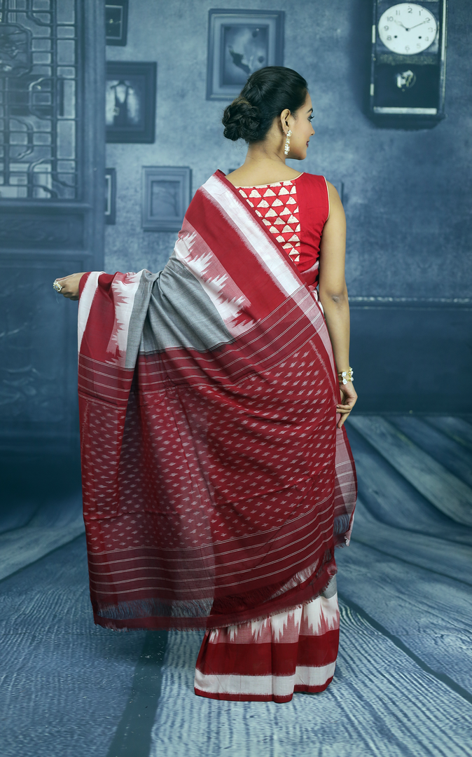 Grey and Red Cotton Ikkat Saree - Keya Seth Exclusive