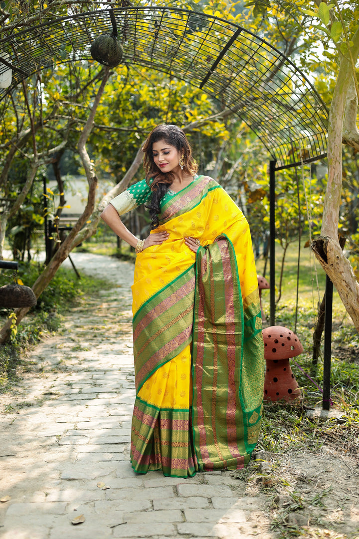 Yellow Pure Gadwal Saree - Keya Seth Exclusive