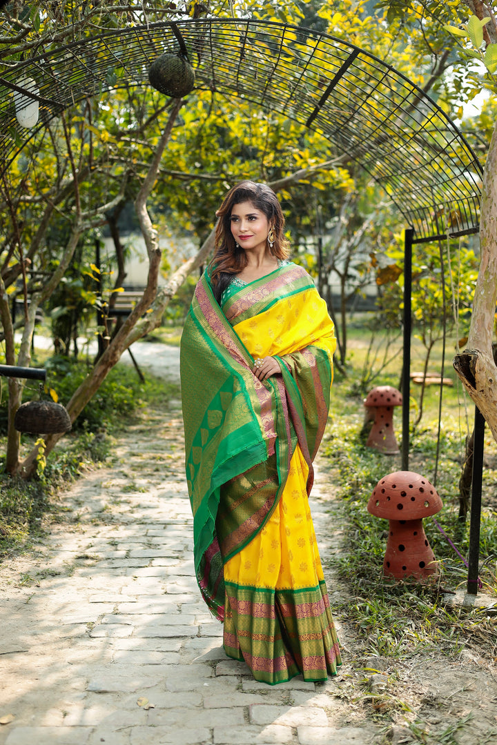 Yellow Pure Gadwal Saree - Keya Seth Exclusive