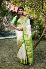 Load image into Gallery viewer, Off-White with Green Pure Kanjivaram Silk Sarees - Keya Seth Exclusive
