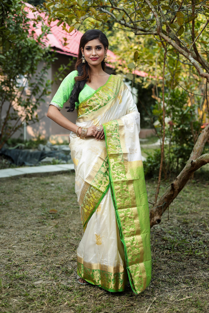 Off-White with Green Pure Kanjivaram Silk Sarees - Keya Seth Exclusive