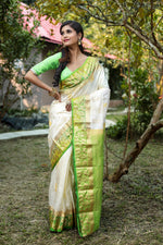 Load image into Gallery viewer, Off-White with Green Pure Kanjivaram Silk Sarees - Keya Seth Exclusive