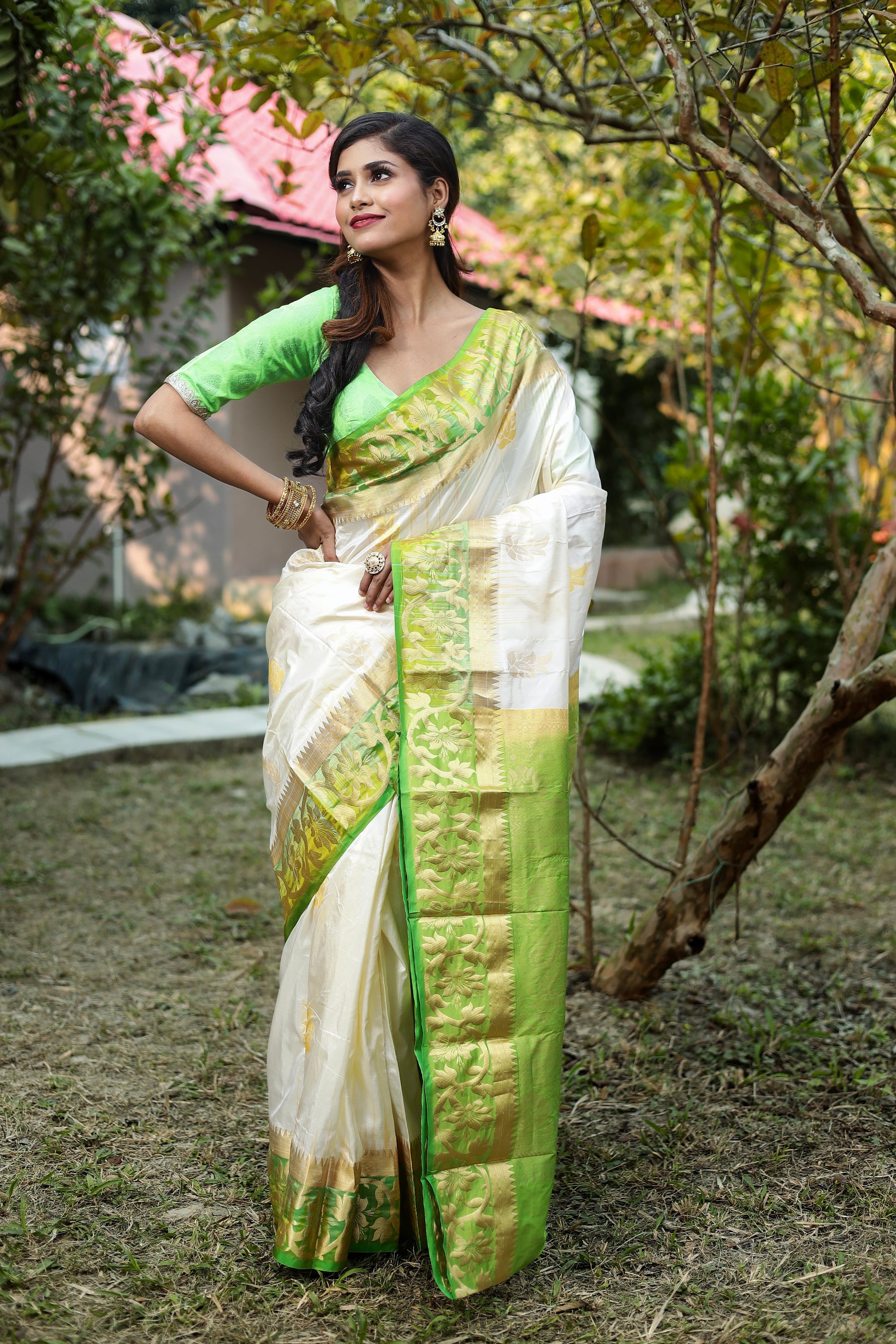 Off-White with Green Pure Kanjivaram Silk Sarees - Keya Seth Exclusive