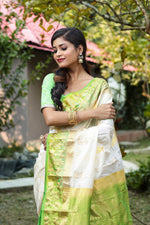Load image into Gallery viewer, Off-White with Green Pure Kanjivaram Silk Sarees - Keya Seth Exclusive