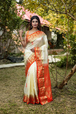 Load image into Gallery viewer, Off White and Orange Pure Kanjivaram Silk Saree - Keya Seth Exclusive