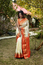 Load image into Gallery viewer, Off White and Orange Pure Kanjivaram Silk Saree - Keya Seth Exclusive
