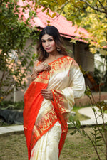 Load image into Gallery viewer, Off White and Orange Pure Kanjivaram Silk Saree - Keya Seth Exclusive