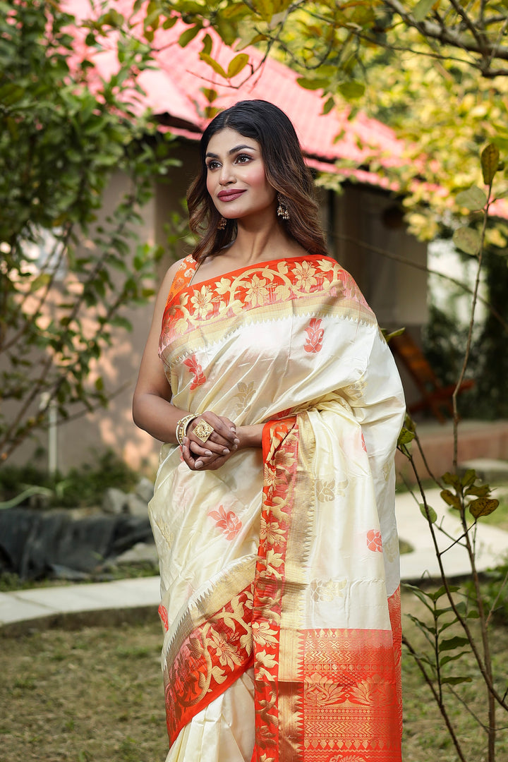 Off White and Orange Pure Kanjivaram Silk Saree - Keya Seth Exclusive