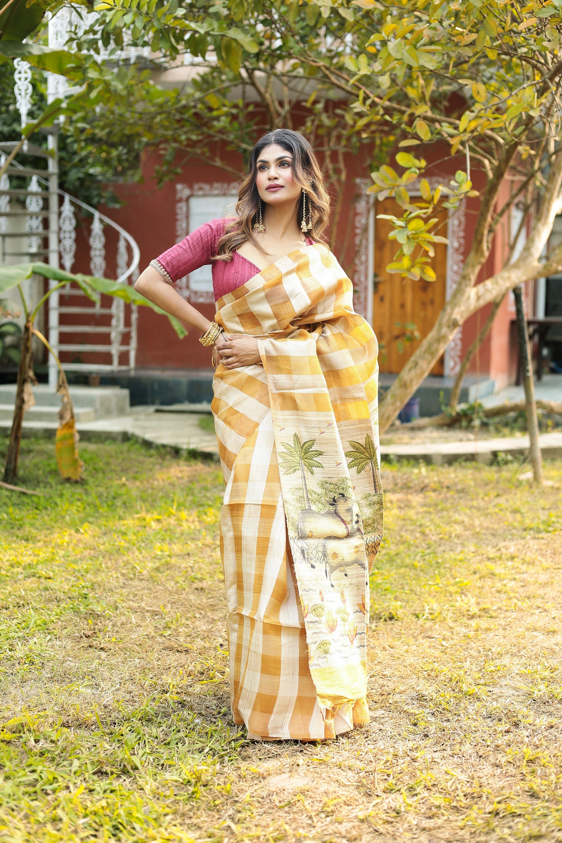 Yellow Checkered Pure Tussar Silk Saree - Keya Seth Exclusive