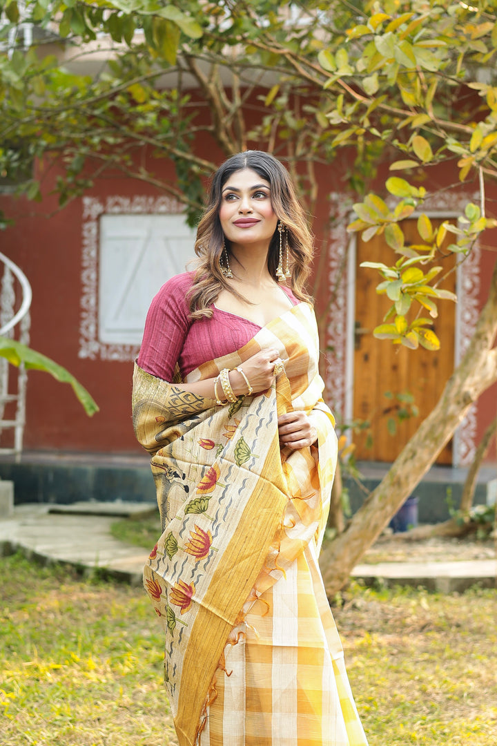 Yellow Checkered Pure Tussar Silk Saree - Keya Seth Exclusive