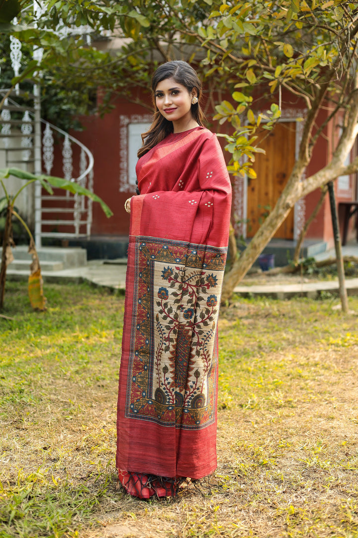 Red Pure Tussar Silk Saree - Keya Seth Exclusive