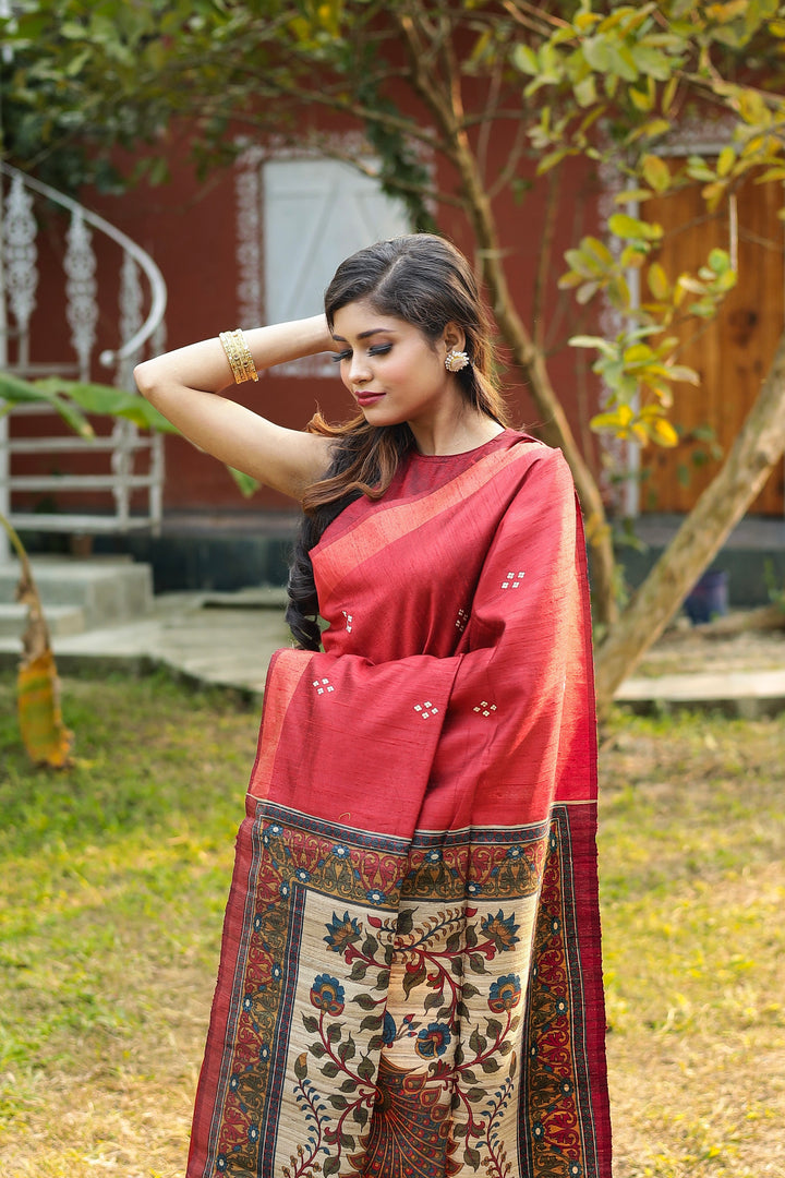 Red Pure Tussar Silk Saree - Keya Seth Exclusive