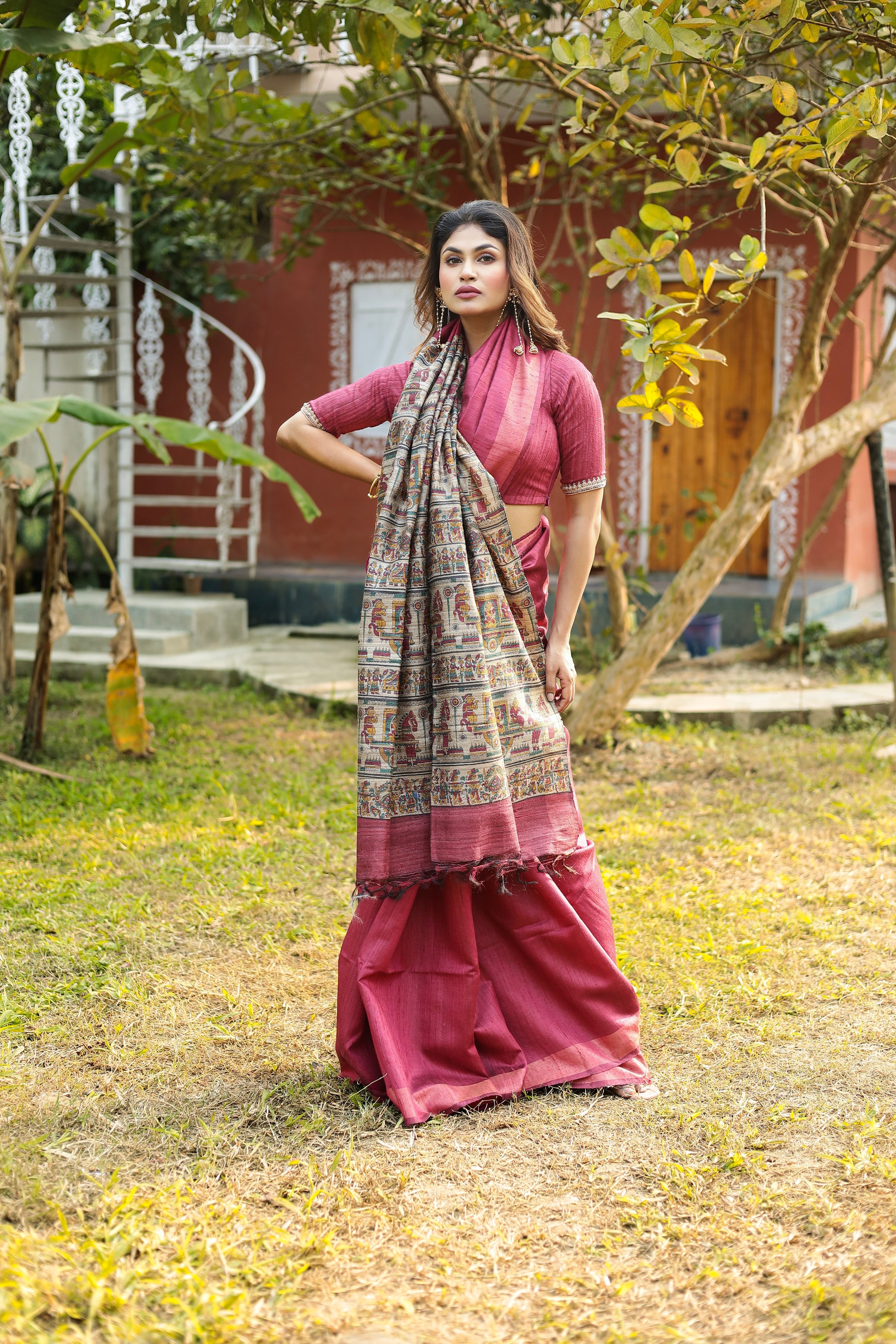 Matte Red Pure Tussar Silk Saree - Keya Seth Exclusive