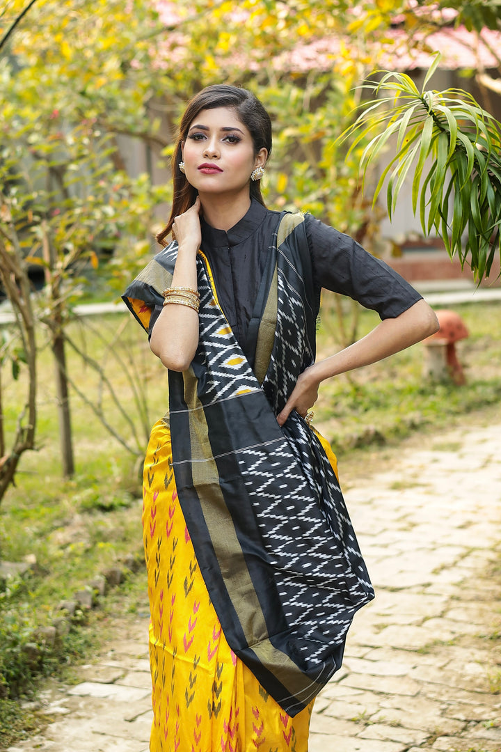 Yellow and Black Pure Ikkat Silk Saree - Keya Seth Exclusive