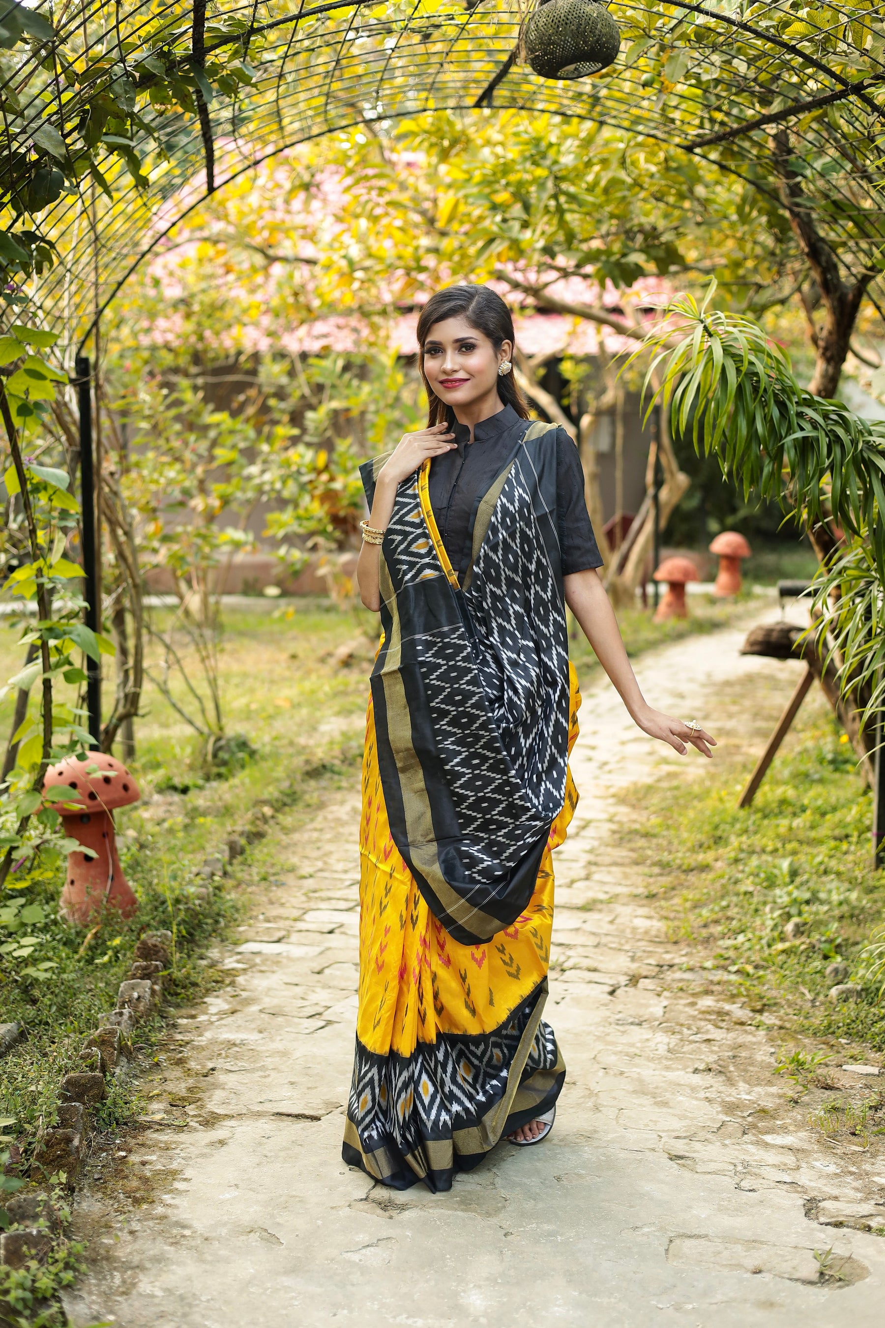 Yellow and Black Pure Ikkat Silk Saree - Keya Seth Exclusive